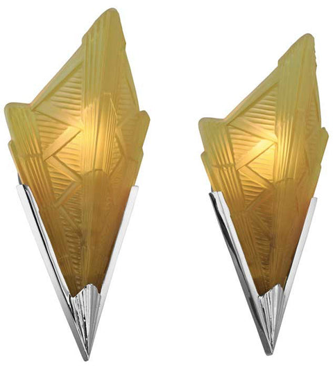 Pair of Genuine Antique Vianne Patterned Art Deco Amber Slip Shades in Recreated Sconce Fixtures (13-PAM)