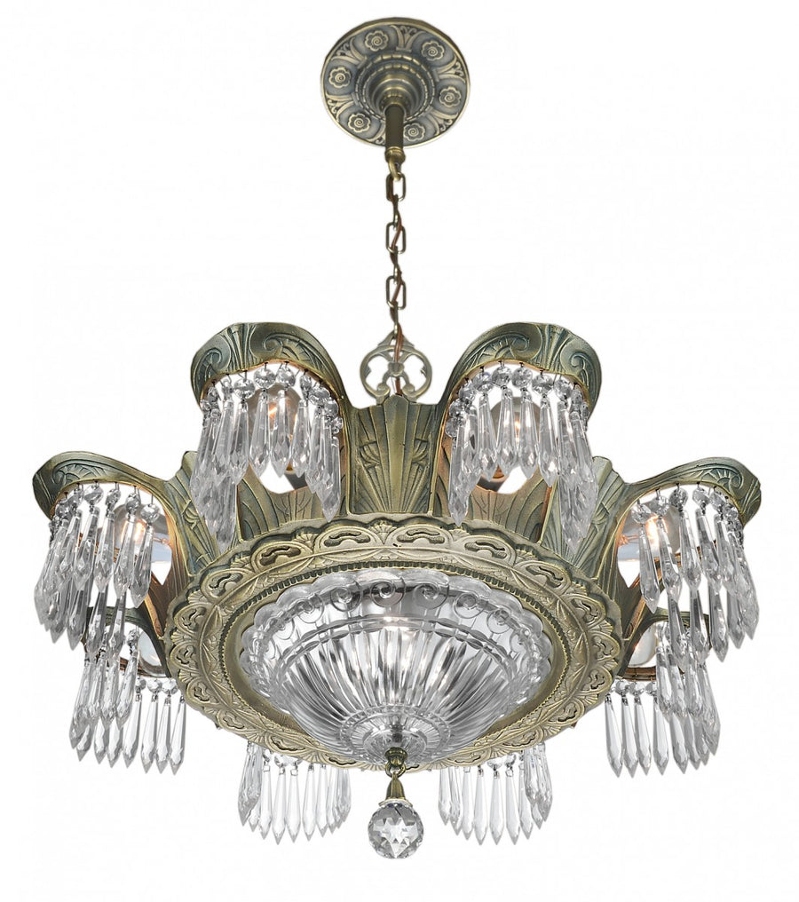 Art Deco Crystal Prism Chandelier in Antique Brass Finish
