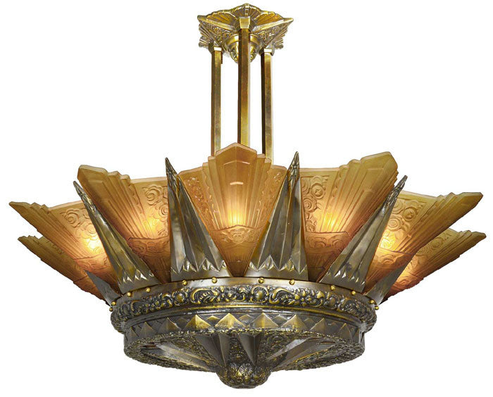 42" French Marseille 12 Light Art Deco Slip Shade Chandelier in Polished Brass (650-12L-PBX)