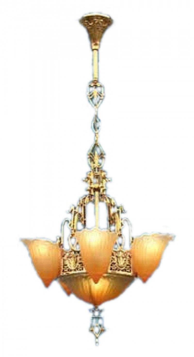 Art Deco Hanging Lights Chandeliers 6 Light Slip Shade Fleur De Lis Series
