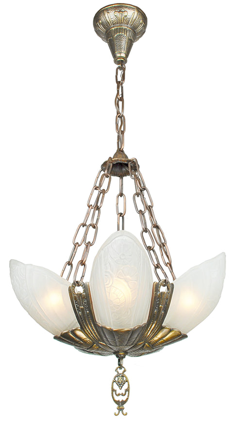 Art Deco Lighting Chandeliers Slip Shade Fleurette 5 Light With Frosted Shades