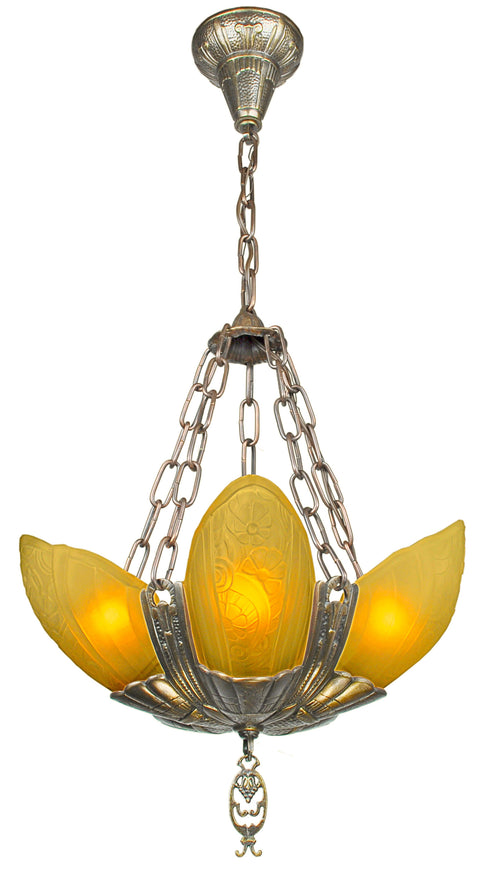 Art Deco Chandeliers Slip Shade Fleurette 5 Light With Amber Shades
