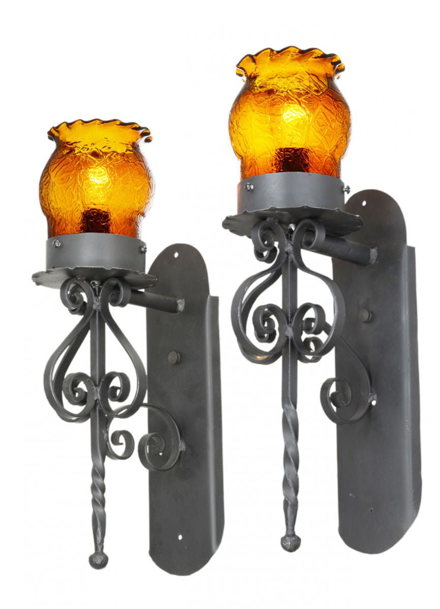 Pair of Gothic / Medieval Iron and Amber Crackle Glass Sconces