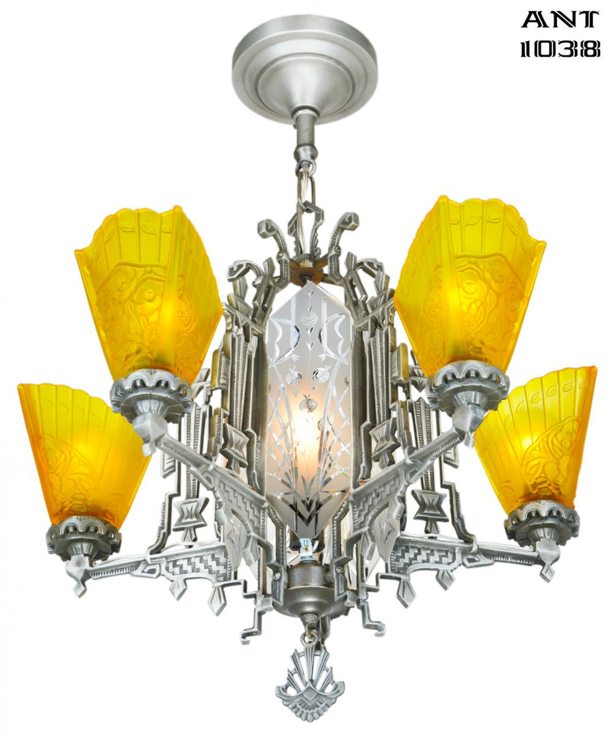 Art Deco Slip Shade Chandelier with Cut Glass Center Panels