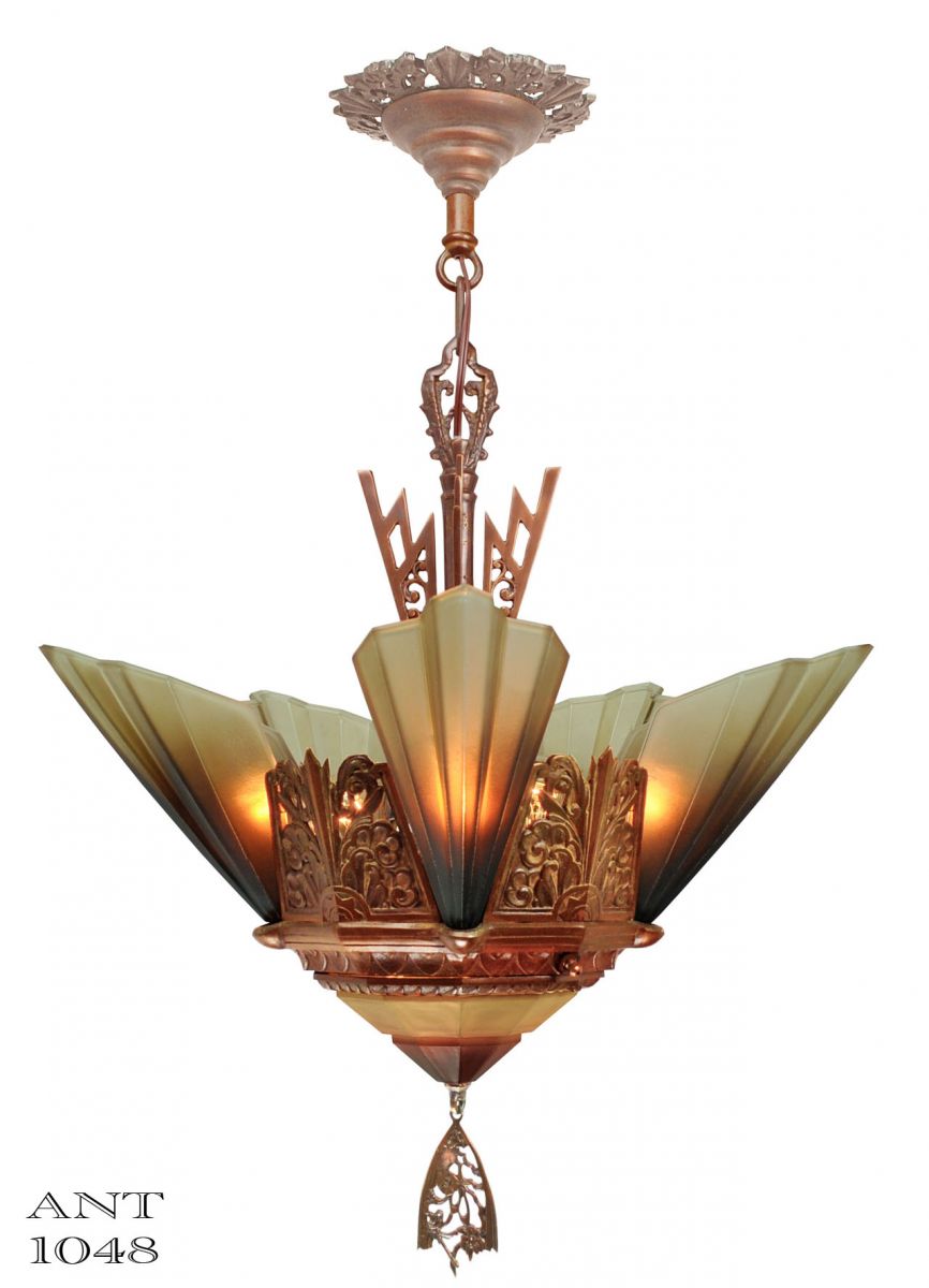 Solid Bronze Art Deco Slip Shade Chandelier by Mid West Mnf