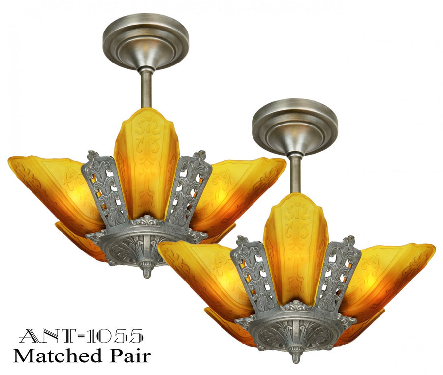 Matched PAIR of Moe Bridges Art Deco 5 Shade Chandeliers
