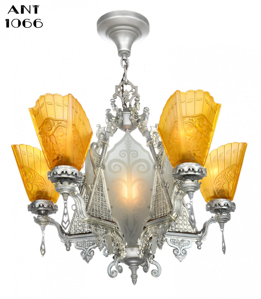 Art Deco Slip Shade Chandelier with Etched Glass Center Panels