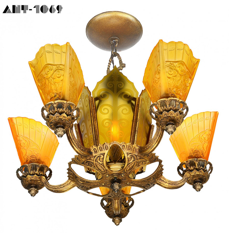 Art Deco Slip Shade Chandelier with Amber Etched Glass Center Panels