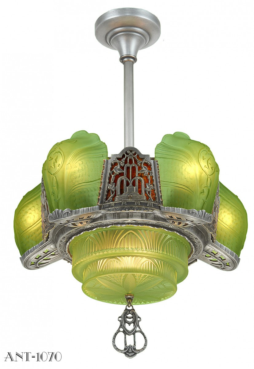 Art Deco 5 Slip Shade, with Bottom Shade, Impressive Chandelier