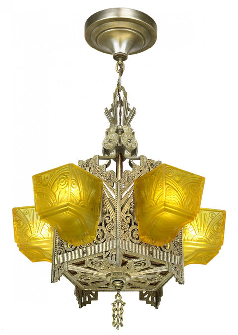 Very different and rare Five light Art Deco Slip Shade Chandelier