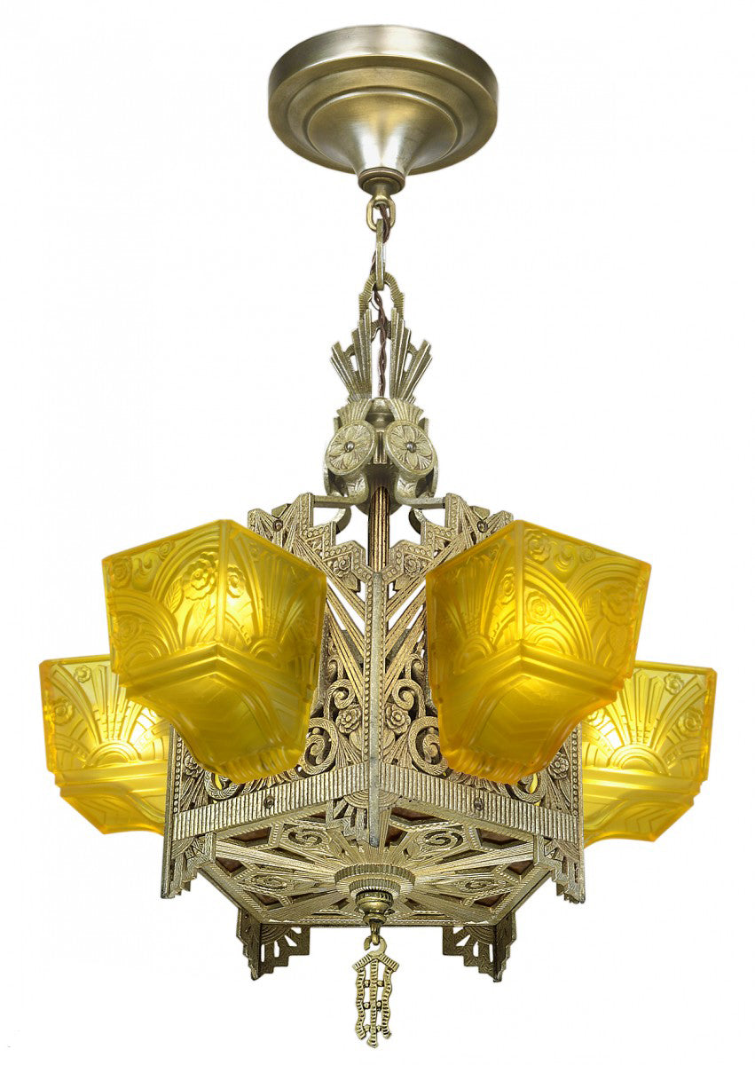 Very different and rare Five light Art Deco Slip Shade Chandelier