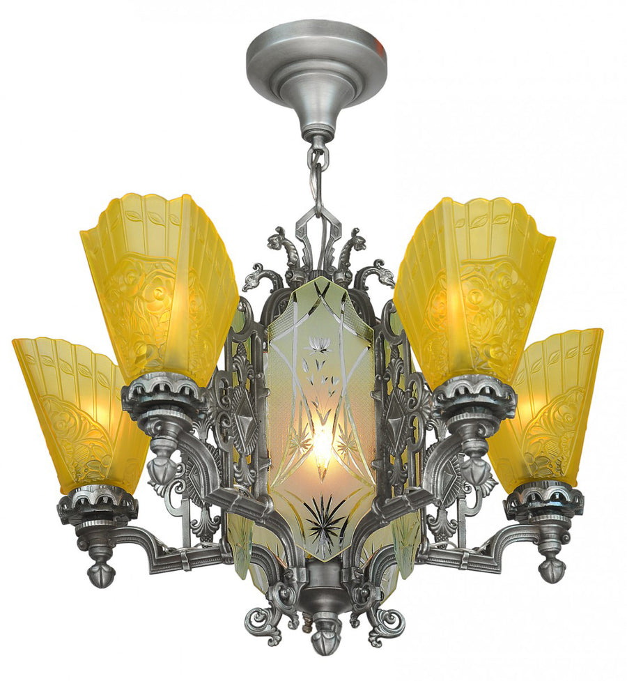 Art Deco Slip Shade Chandelier with Cut Glass Center Panels