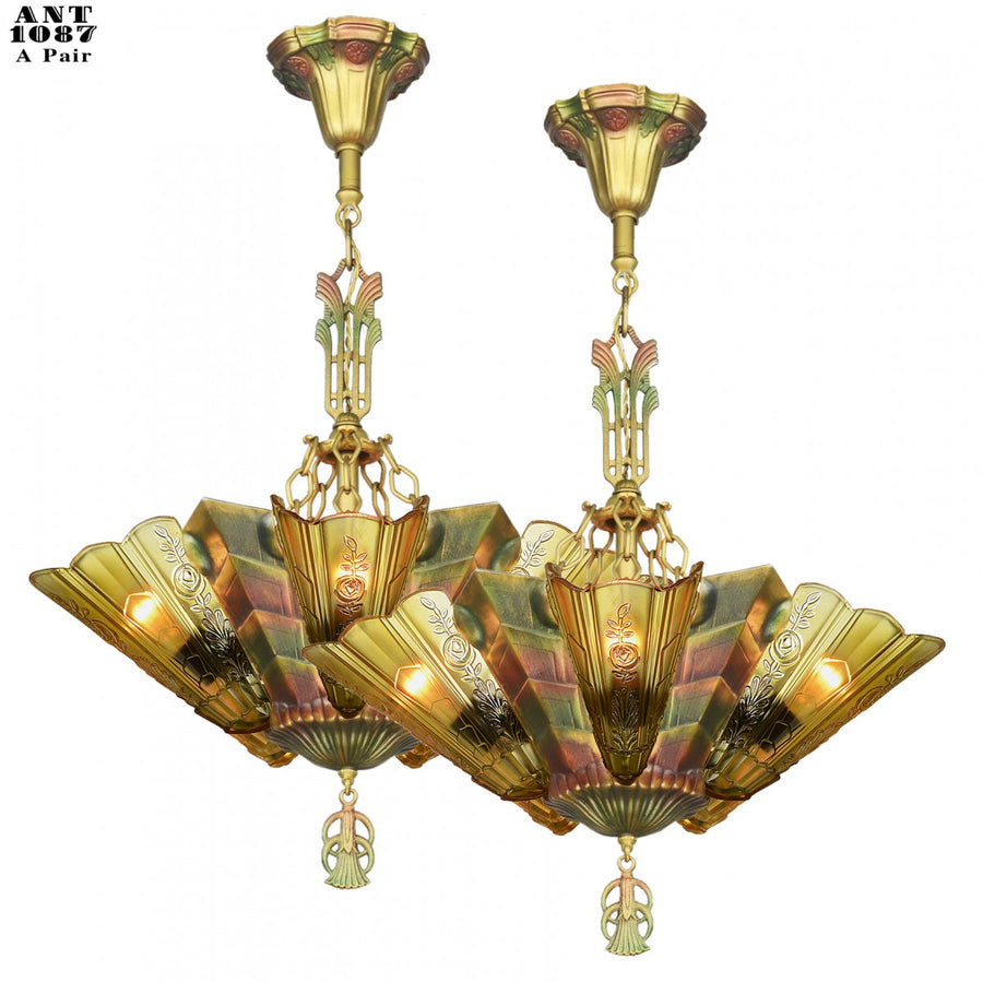 Antique Art Deco Slip Shade Fenwick Chandelier c 1933