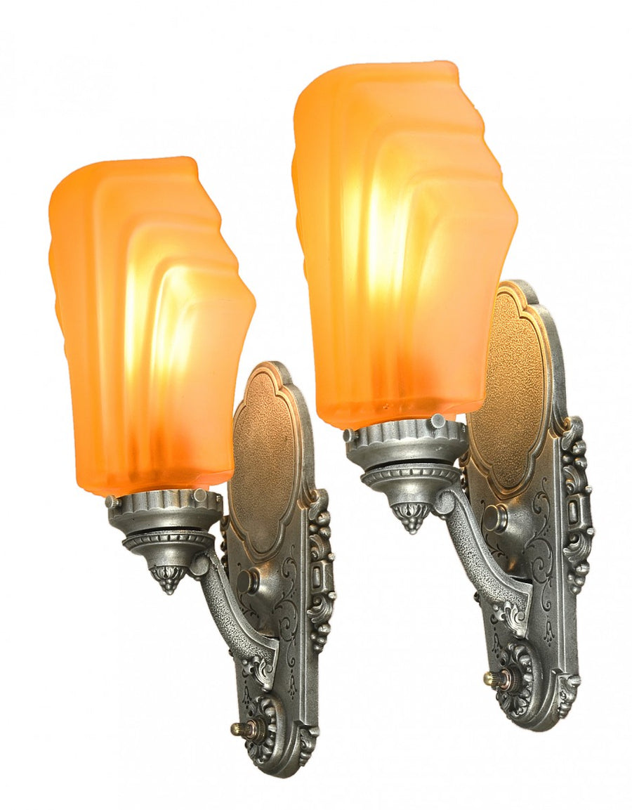 Pair of American Art Deco Sconces with Amber Glass Shades by Riddle