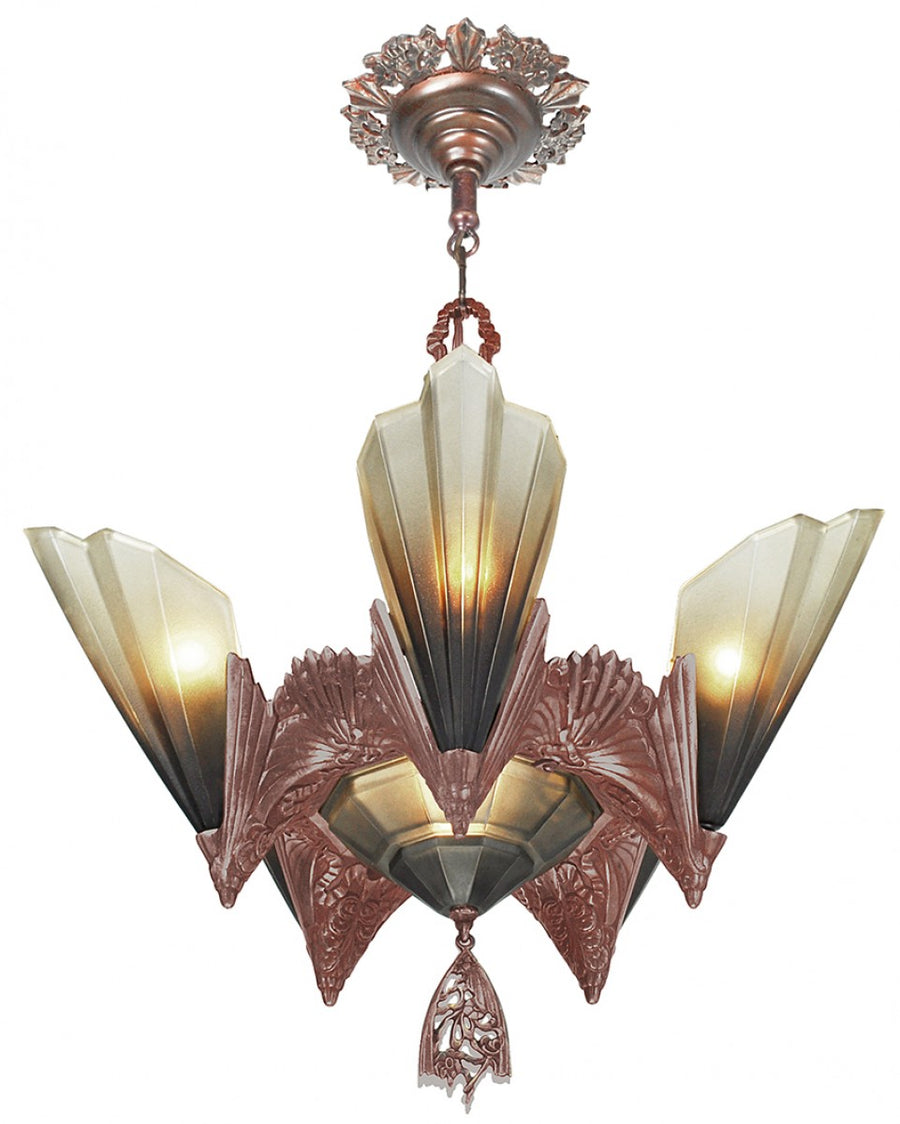 Art Deco Unique 6 Slip Shade Chandelier by Mid West