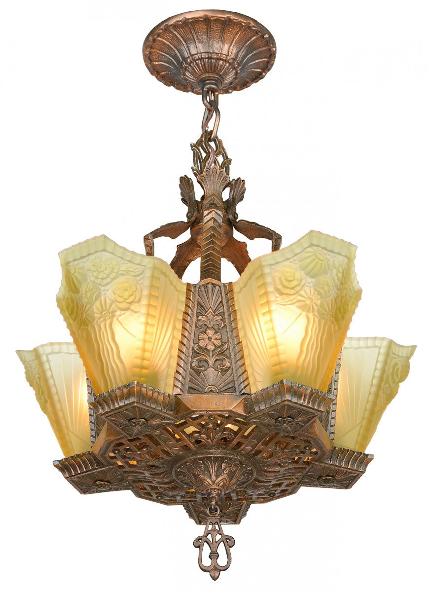 Lovely Americana Slip Shade 5-Shade Red Bronze Finished Chandelier