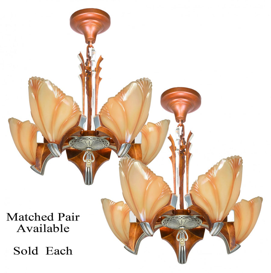 Matched Pair (Nearly Perfectly) Art Deco 5 Shade Clam Shell Chandeliers by Mid-West