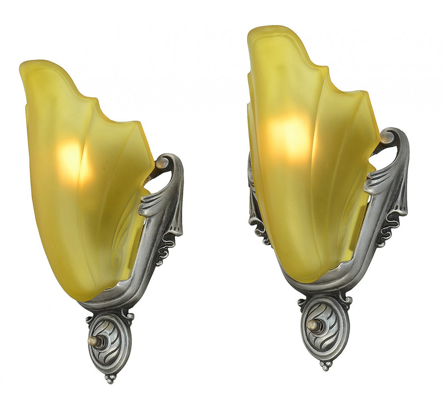 Unusual Pair of Art Deco Slip Shade Sconces with Amber Shades