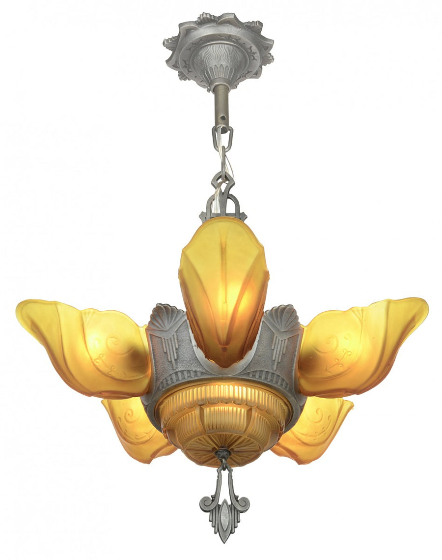 Moe Bridges Art Deco 6-Shade Chandelier with 5 Side Slip Shades and Bottom Shade
