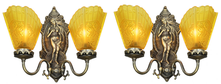 Antique Edwardian Pair of "Venus" Double Arm Wall Sconces