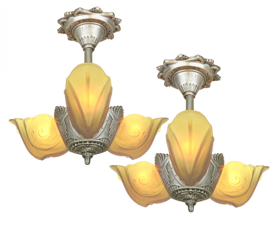 Moe Bridges Art Deco 3 Slip Shade Chandelier for a Lower Ceiling