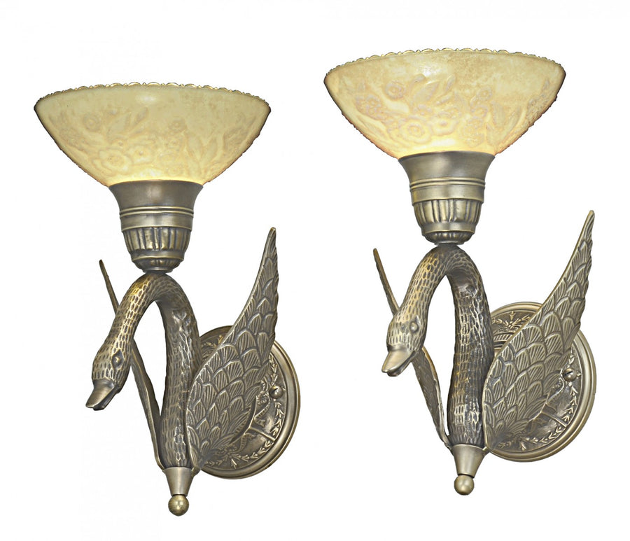 Striking Pair of Swan Sconces with Quality Embossed Shades