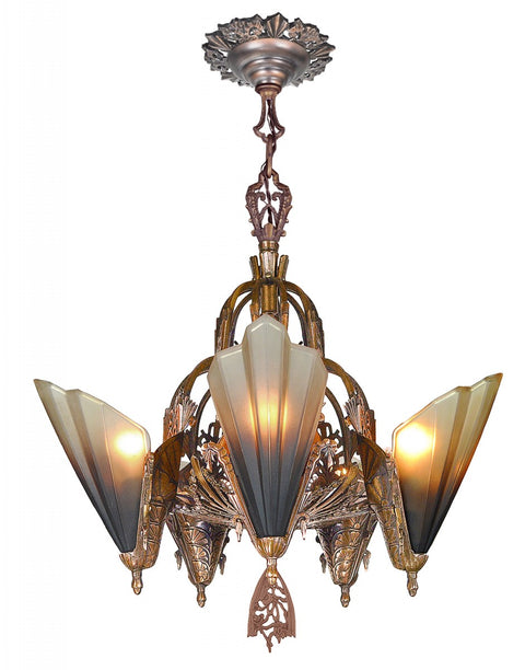 Solid Bronze Art Deco Slip Shade Chandelier by Mid West Mnf.