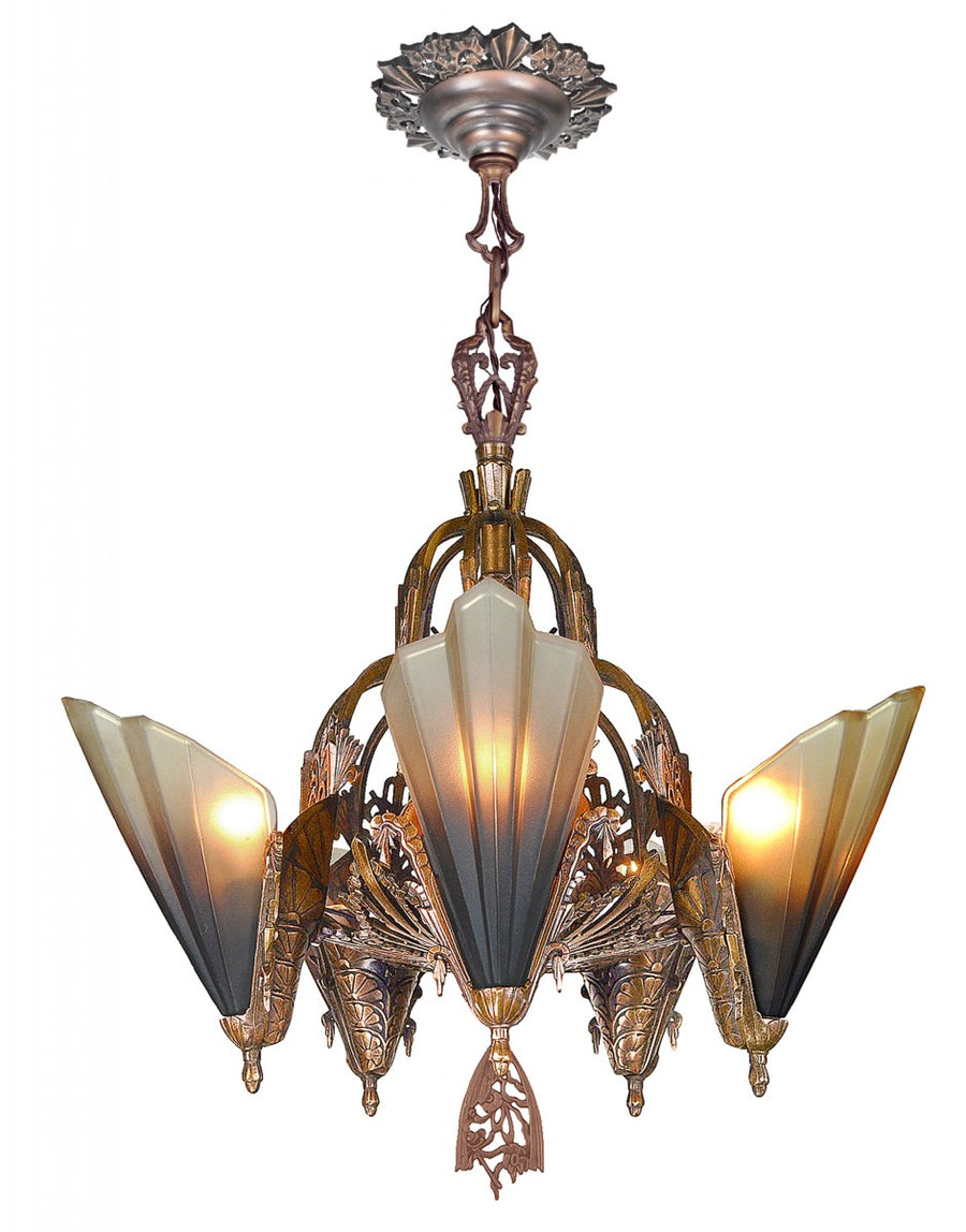 Solid Bronze Art Deco Slip Shade Chandelier by Mid West Mnf.