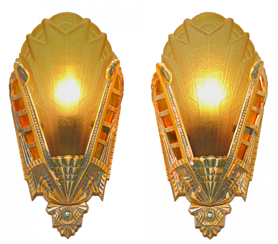 Art Deco Pair of Unusual Slip Shade Wall Sconces by Lincoln