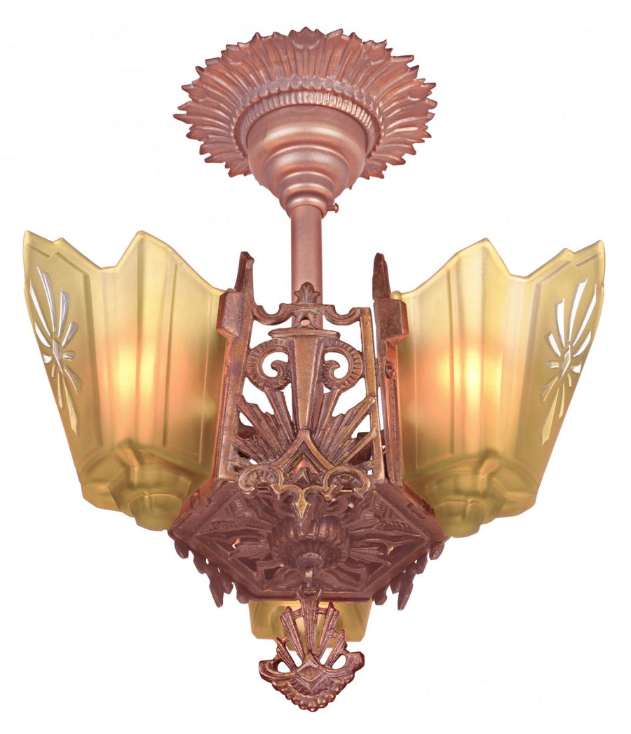 Antique Restored Red-Bronzed Finished Art Deco Slip Shade Chandelier
