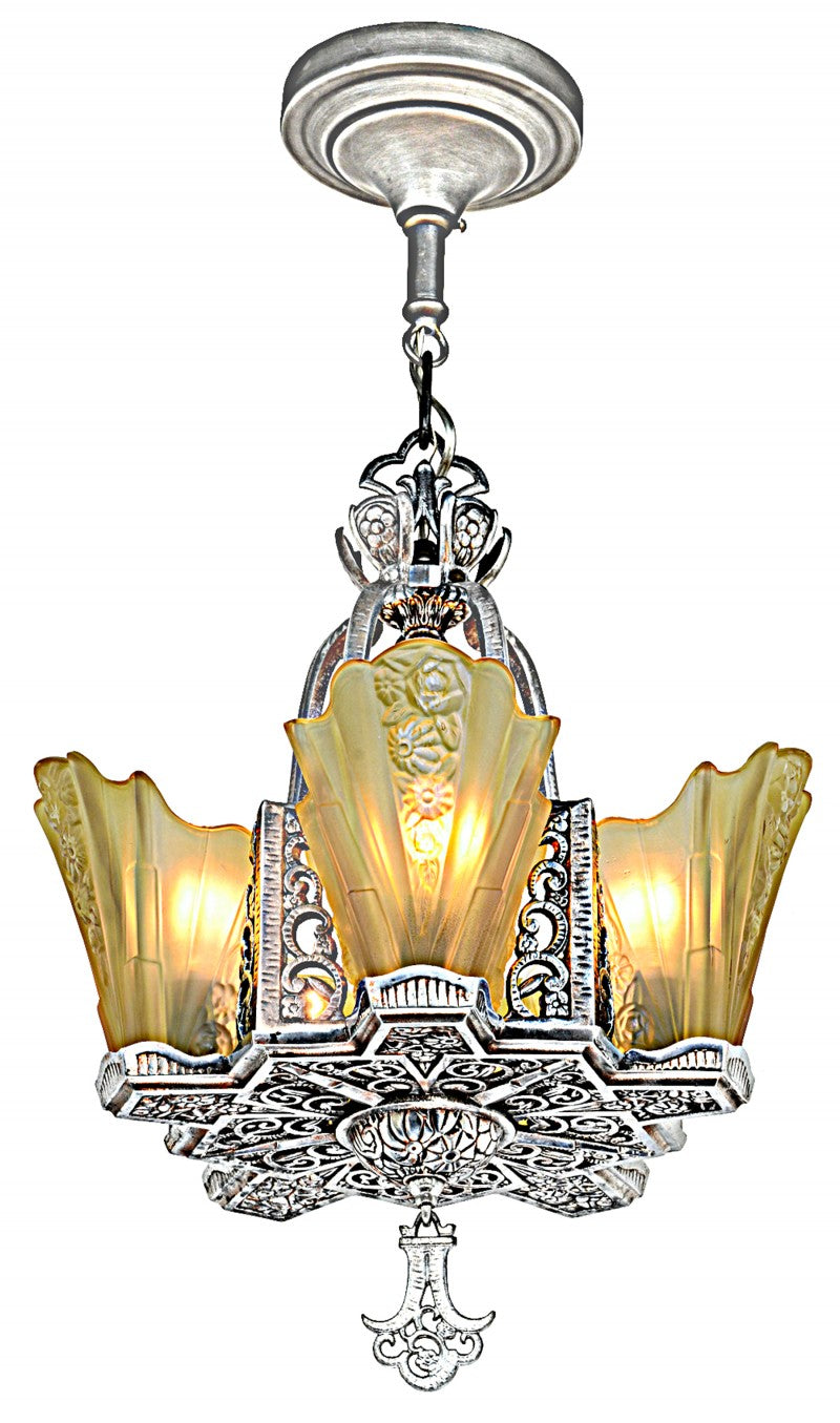 Nice Art Deco Slip Shade 5-Shade Chandelier