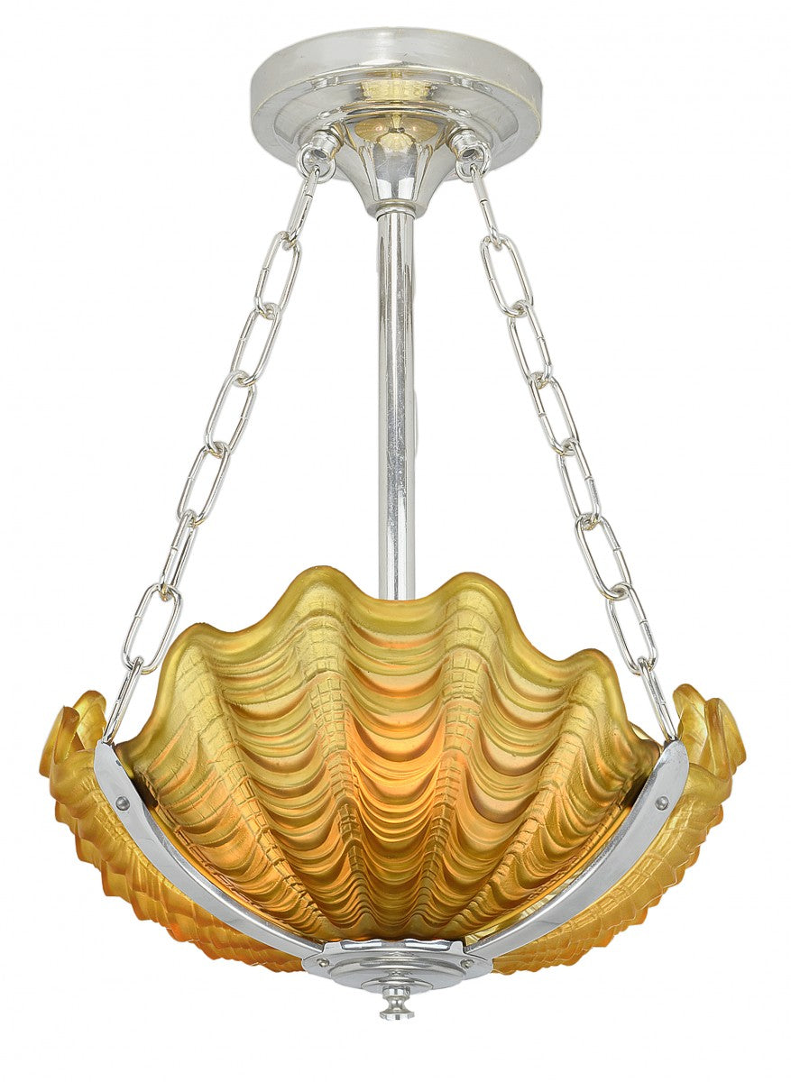 Art Deco British Odeon Movie Theatre Chandelier with 3 Clam Shell Slip Shades