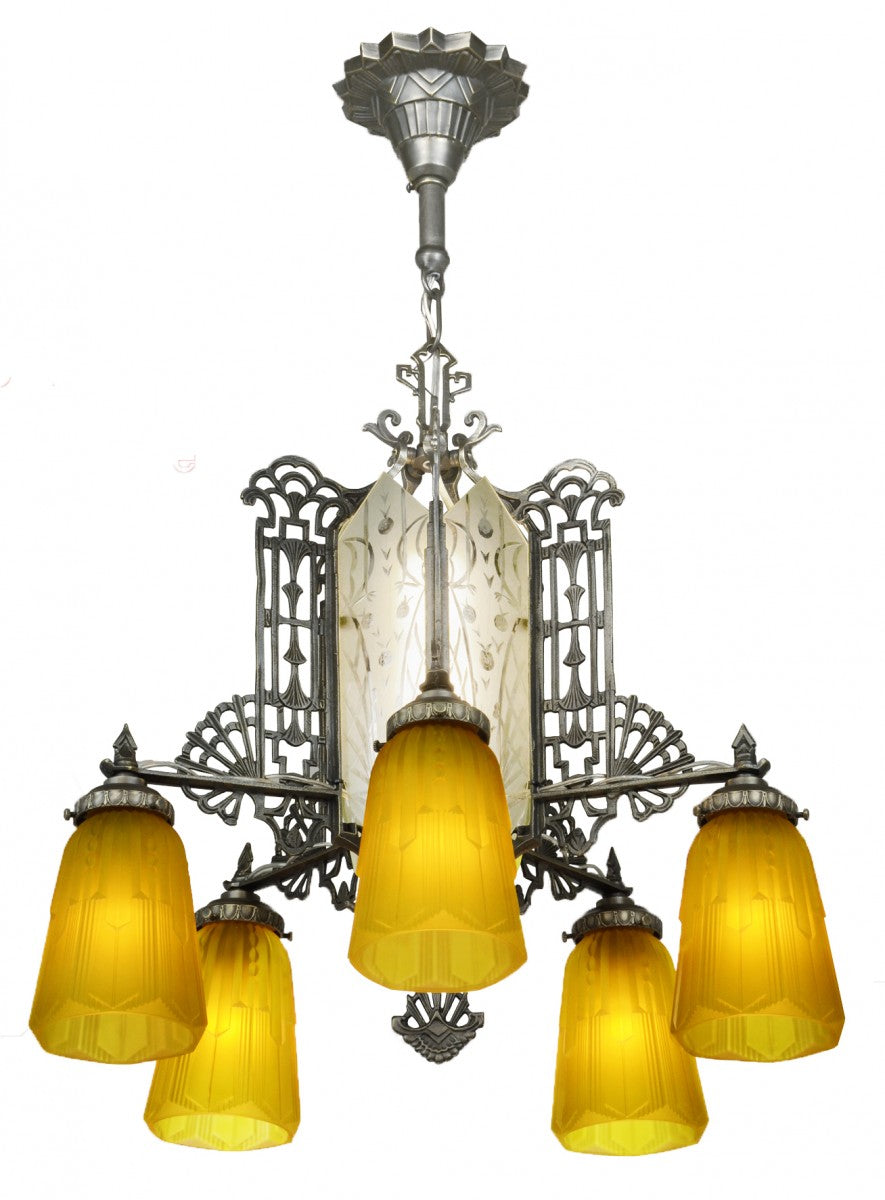 Art Deco Chandelier with Cut Glass Center Panels