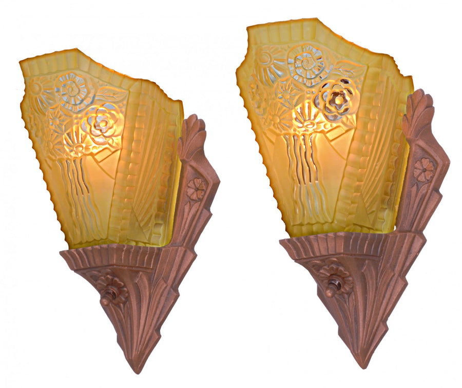 Lovely Pair of Americana Slip Shade, Dark Red Bronze Finished Sconces