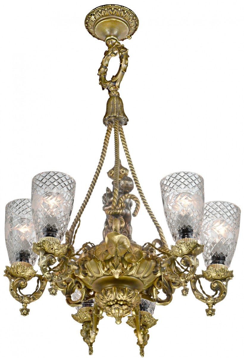 Antique French 6-Shade Circa 1850-1870 Gas Chandelier
