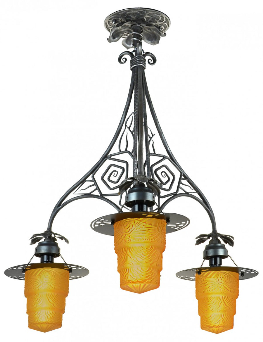 Highly Unusual French Art Deco 3-Light Chandelier