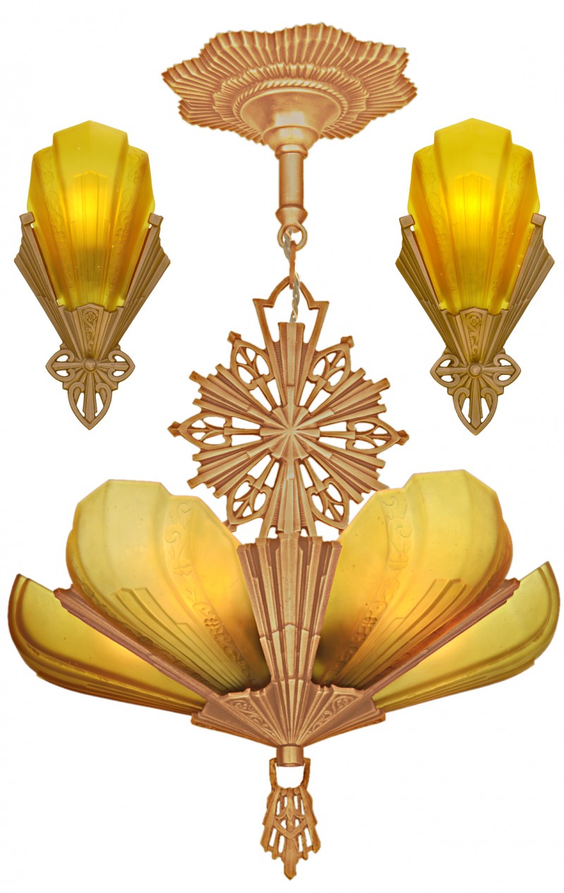 Virden Art Deco Set Consisting of a 5-Light Chandelier with a Pair of Matching Sconces