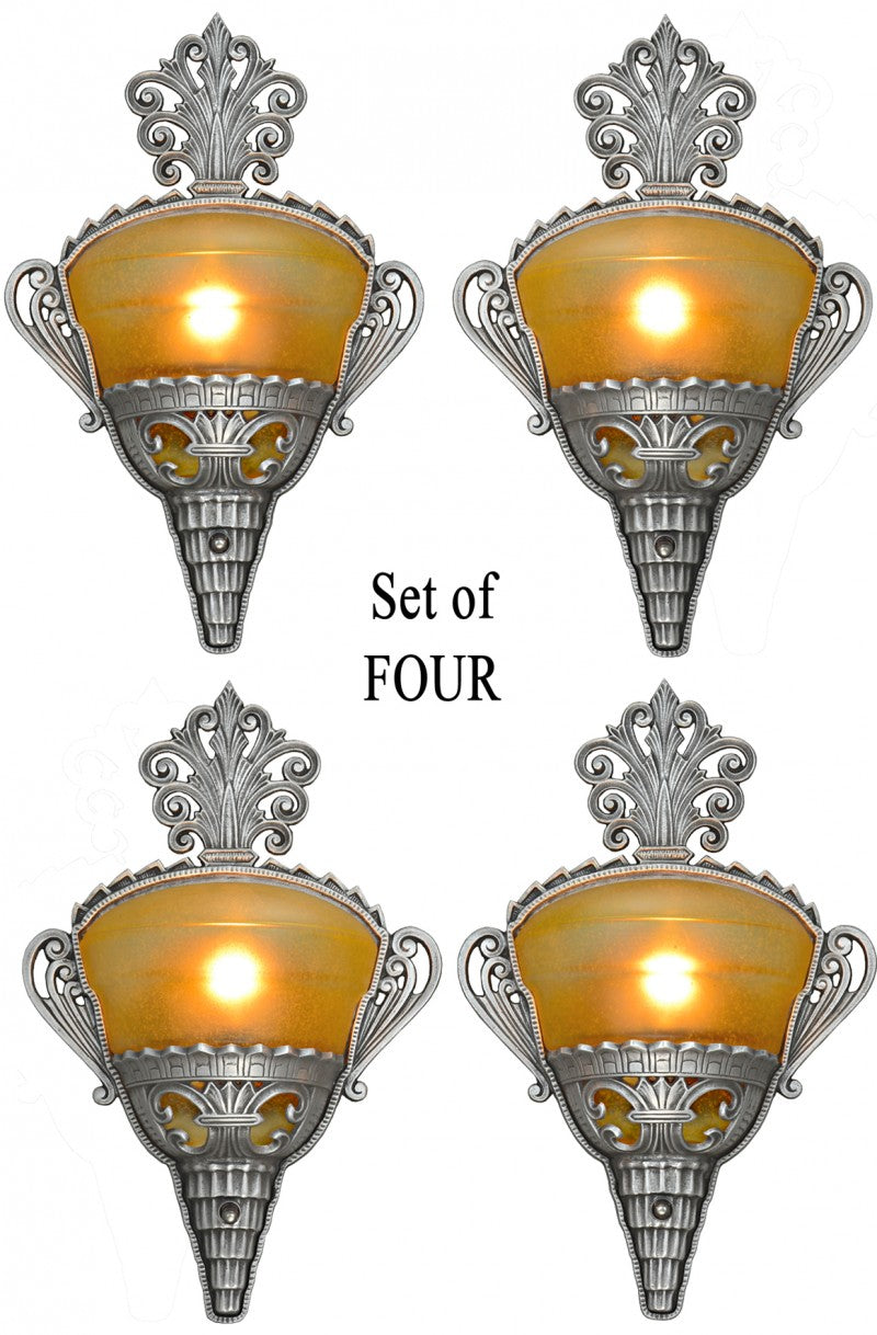 Unusual SET of FOUR Art Deco Slip Shade Sconces with Amber Tiny Bubble Shades