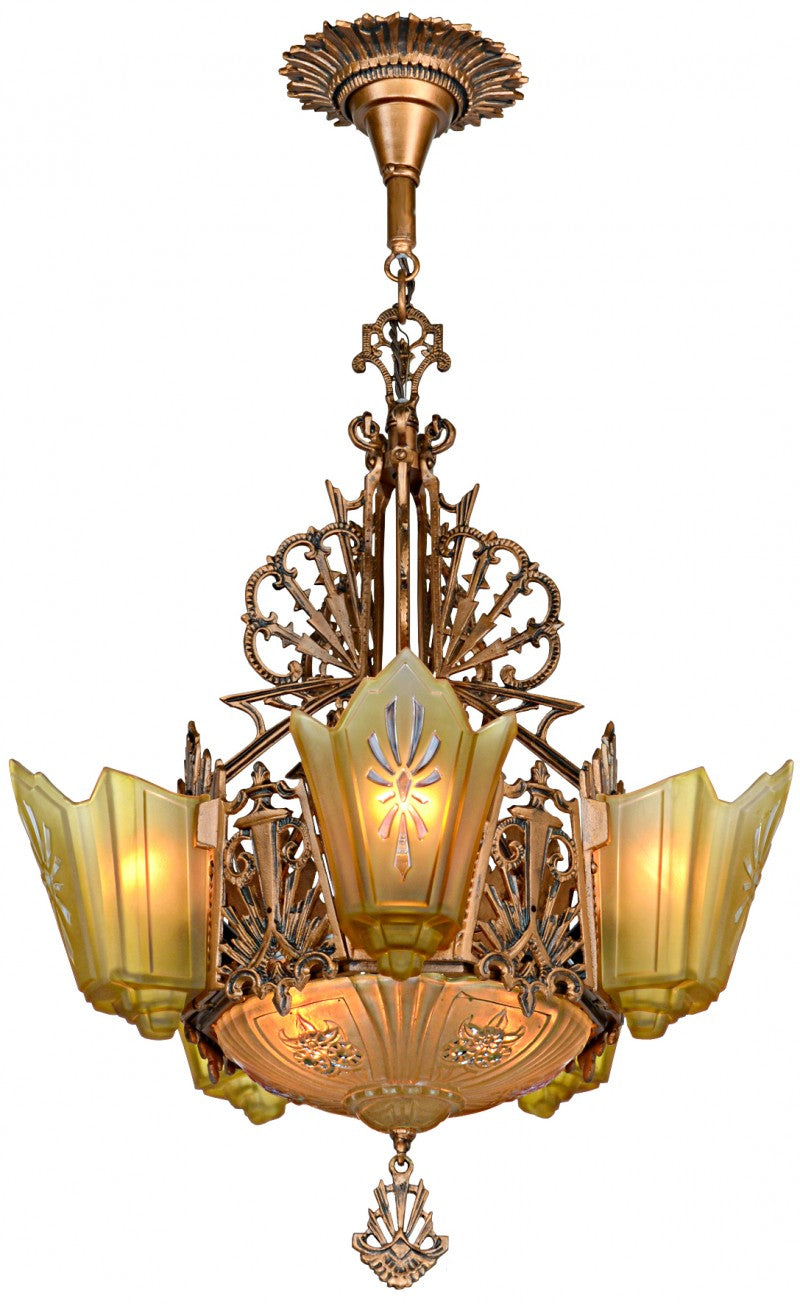 Antique Restored Red-Bronzed Finished Art Deco Slip Shade Chandelier