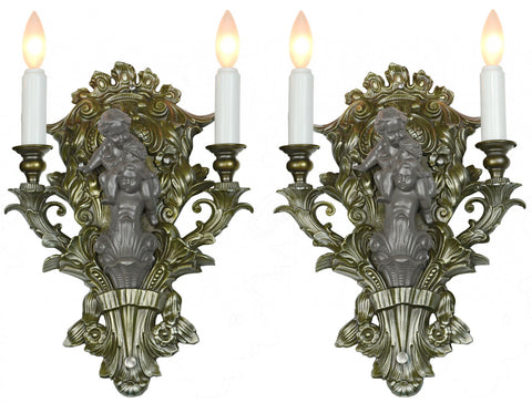 Matched Pair of French-Style Cherub Double Sconces c.1910