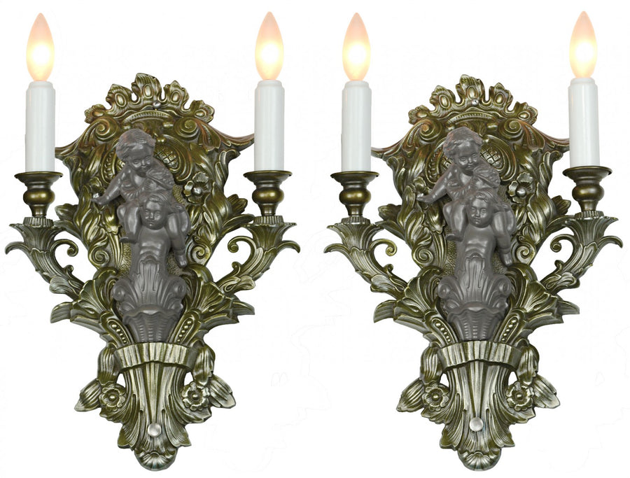 Matched Pair of French-Style Cherub Double Sconces c.1910