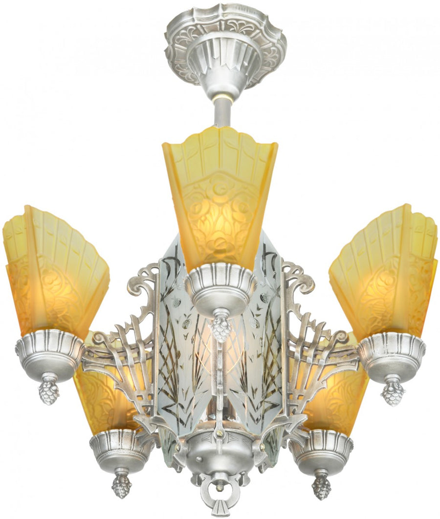 Art Deco Slip Shade Chandelier with Cut Glass Center Panels