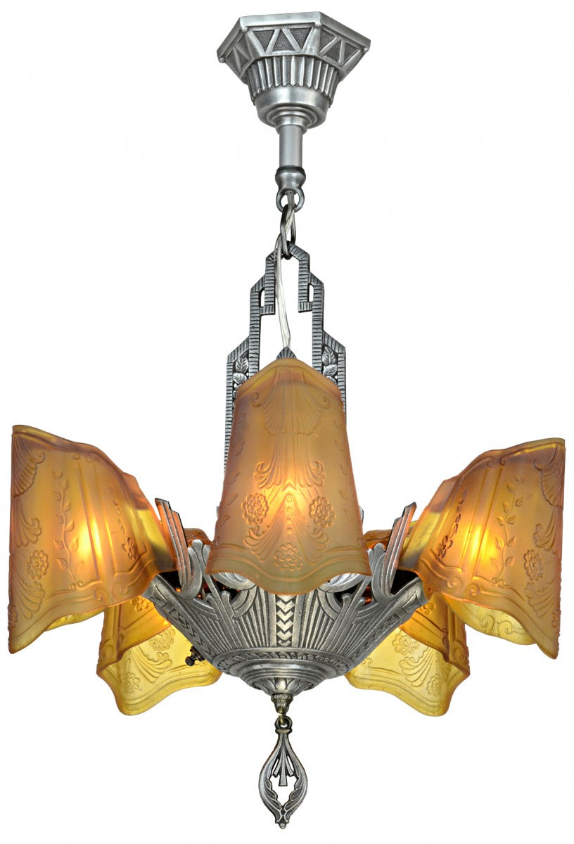Antique Lincoln Mfg. Quality Slip Shade Chandelier c.1935