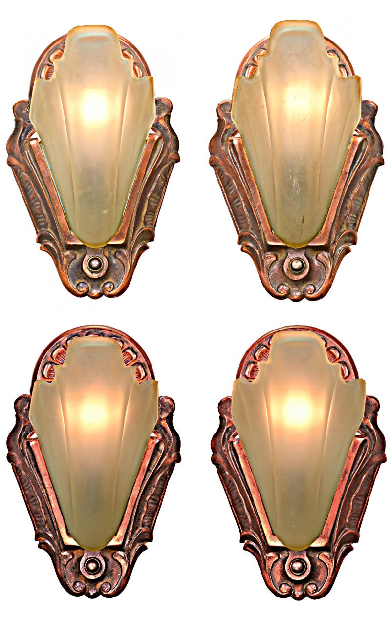 Unusual TWO Pair of Art Deco Slip Shade Sconces with Amber Shades
