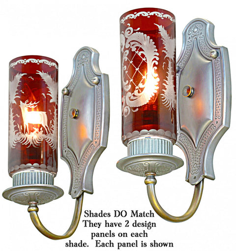 Pleasing Pair of 1920's to 30's Sconces with Etched Ruby Shades