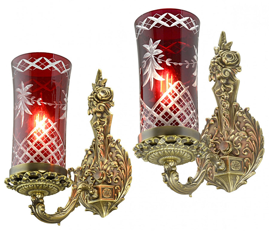 Ornate 20's Rococo Look Sconces with Cut Glass Ruby Shades