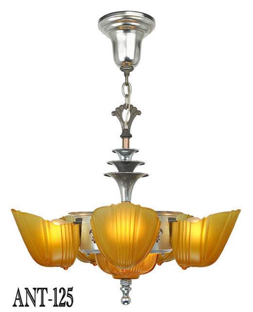 Original Antique Art Deco Slip Shade 6 Light Chandelier By Halcolite C1937