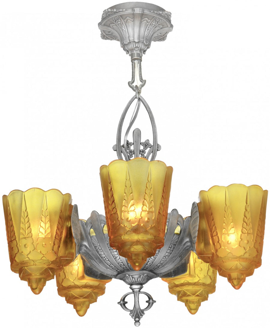 American Art Deco 5 Slip Shade Chandelier by Lincoln