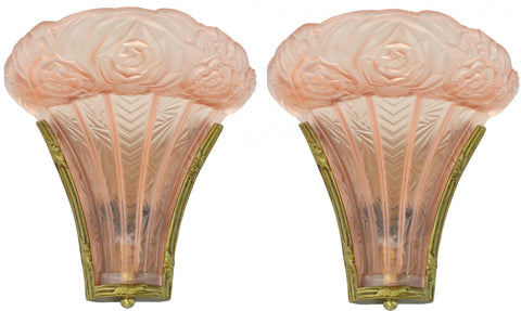 Magnificent LARGE and Imposing Pair of French Bronze & Embossed Art Deco Sconces