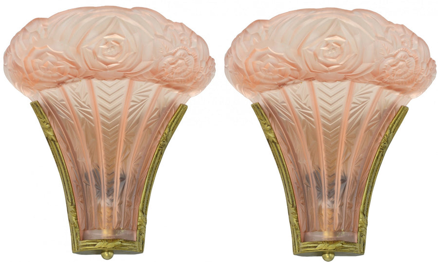 Magnificent LARGE and Imposing Pair of French Bronze & Embossed Art Deco Sconces